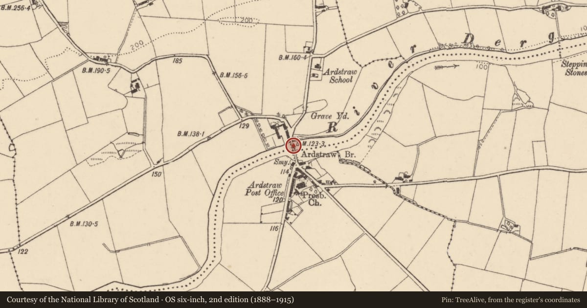 Ordnance Survey six-inch map, 2nd edition (1888–1915) covering the location of Ardstraw Bridge, Derry City and Strabane, with a pin at the register's coordinates