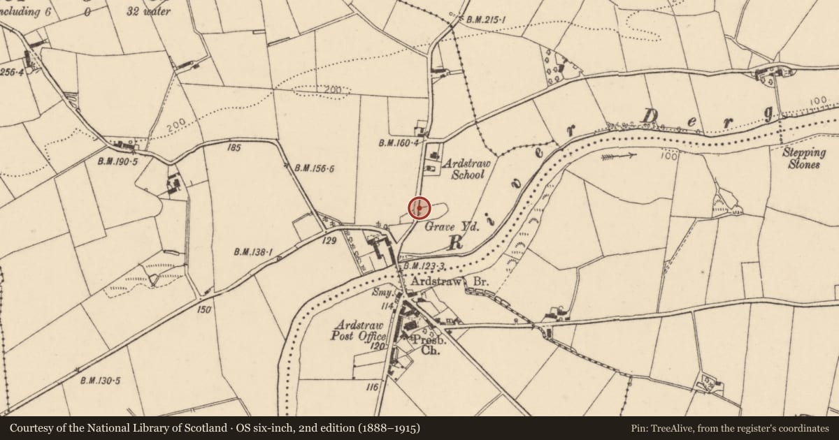 Ordnance Survey six-inch map, 2nd edition (1888–1915) covering the location of Graveyard, Urbalreagh Road, Ardstraw, Victoria Bridge, Derry City and Strabane, with a pin at the register's coordinates