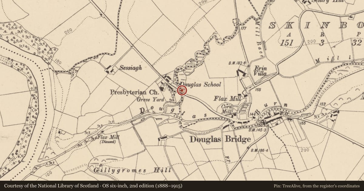 Ordnance Survey six-inch map, 2nd edition (1888–1915) covering the location of Douglas Bridge, Douglas Road, Newtownstewart BT78 4NJ, Derry City and Strabane, with a pin at the register's coordinates