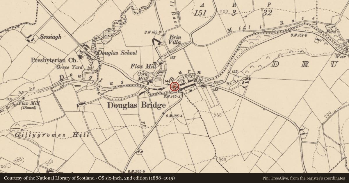 Ordnance Survey six-inch map, 2nd edition (1888–1915) covering the location of Douglas Bridge, Douglas Road, Newtownstewart BT78 4NJ, Derry City and Strabane, with a pin at the register's coordinates