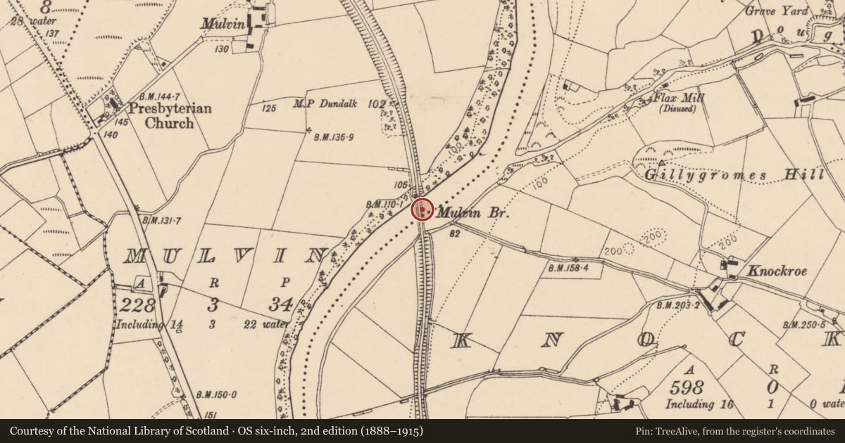 Ordnance Survey six-inch map, 2nd edition (1888–1915) covering the location of Mulvin Bridge, Mulvin/Knockroe, Derry City and Strabane, with a pin at the register's coordinates