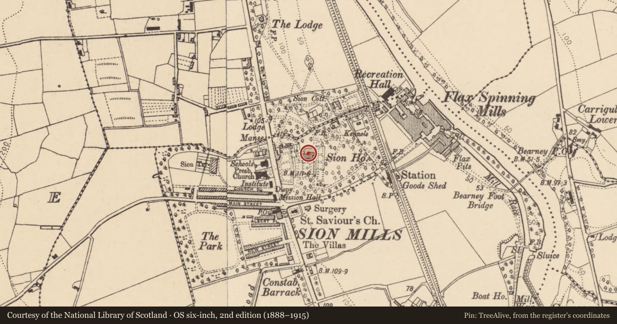 Ordnance Survey six-inch map, 2nd edition (1888–1915) covering the location of Zion House, Liggartown, Derry City and Strabane, with a pin at the register's coordinates