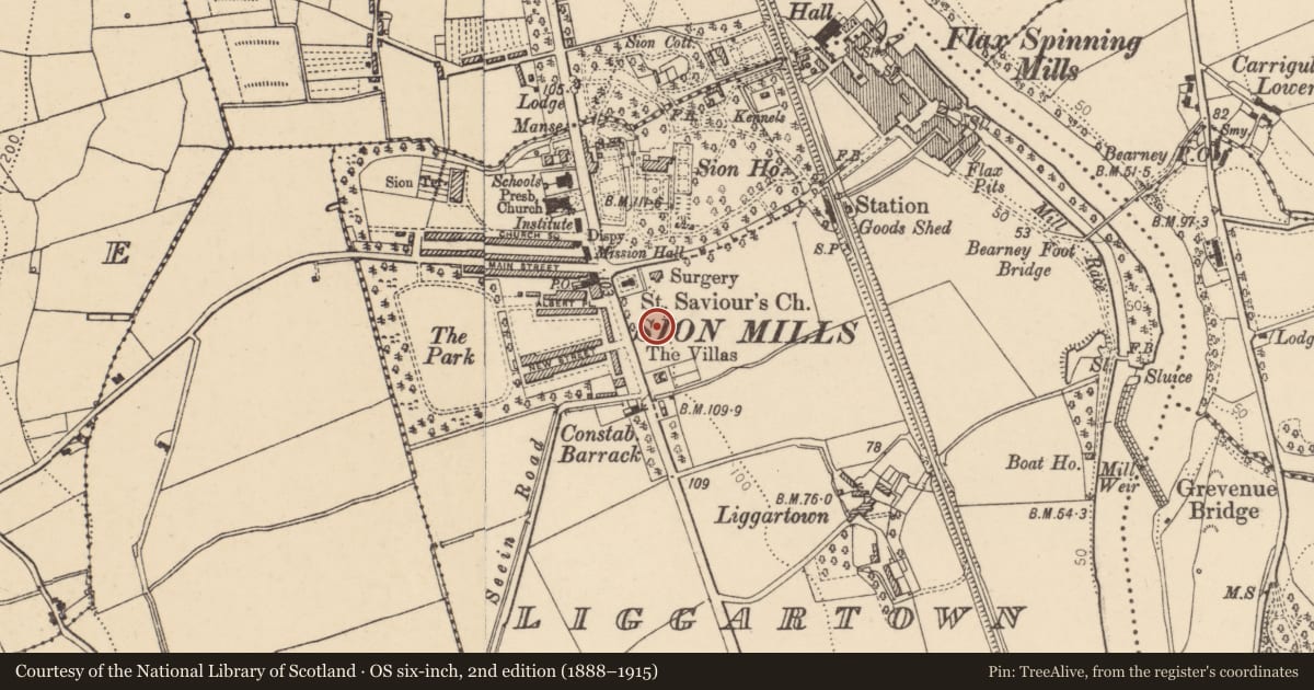 Ordnance Survey six-inch map, 2nd edition (1888–1915) covering the location of Church of the Good Shepherd, Liggartown, Derry City and Strabane, with a pin at the register's coordinates