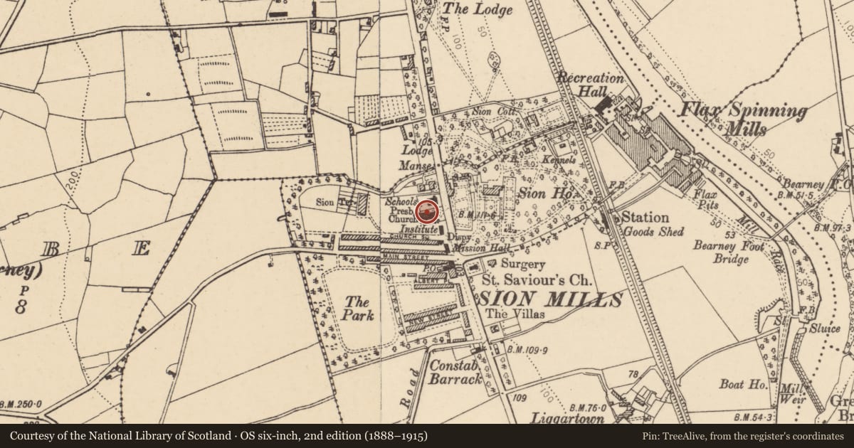 Ordnance Survey six-inch map, 2nd edition (1888–1915) covering the location of Presbyterian Church, Liggartown, Derry City and Strabane, with a pin at the register's coordinates