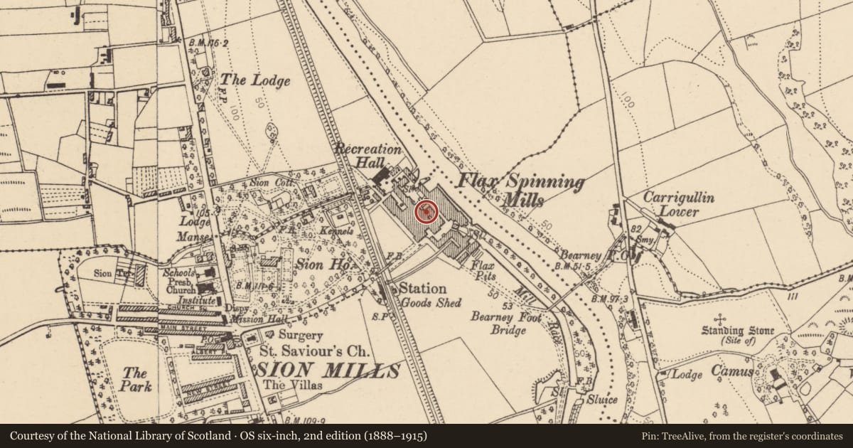 Ordnance Survey six-inch map, 2nd edition (1888–1915) covering the location of Herdmans' Mill, Liggartown, Derry City and Strabane, with a pin at the register's coordinates