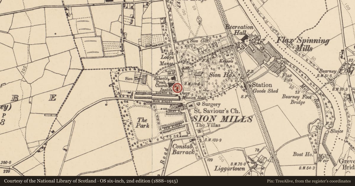 Ordnance Survey six-inch map, 2nd edition (1888–1915) covering the location of Sion Mills Recreation Club, Liggartown, Derry City and Strabane, with a pin at the register's coordinates