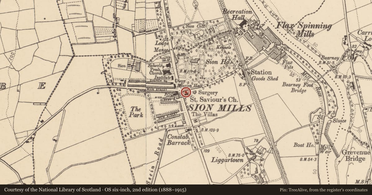 Ordnance Survey six-inch map, 2nd edition (1888–1915) covering the location of 1 Mill Avenue, Liggartown, Derry City and Strabane, with a pin at the register's coordinates