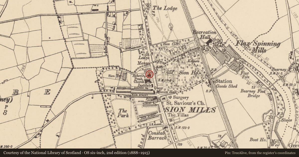 Ordnance Survey six-inch map, 2nd edition (1888–1915) covering the location of Sion Mills (Former) Elementary School, Liggartown, Derry City and Strabane, with a pin at the register's coordinates