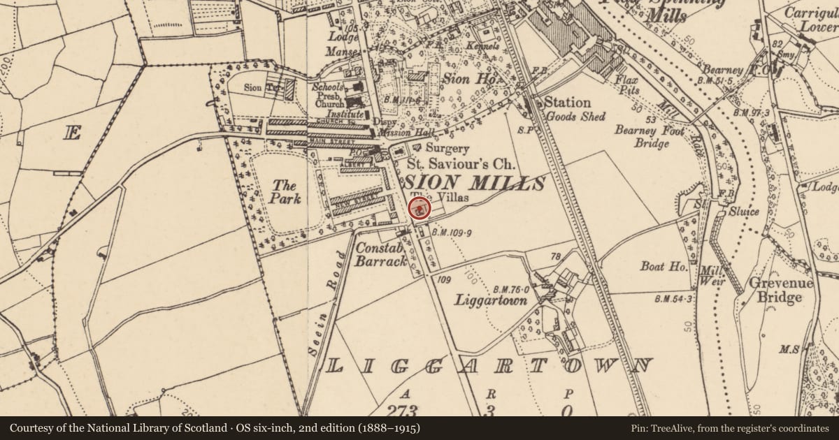 Ordnance Survey six-inch map, 2nd edition (1888–1915) covering the location of 122 Melmount Road, Liggartown, Derry City and Strabane, with a pin at the register's coordinates