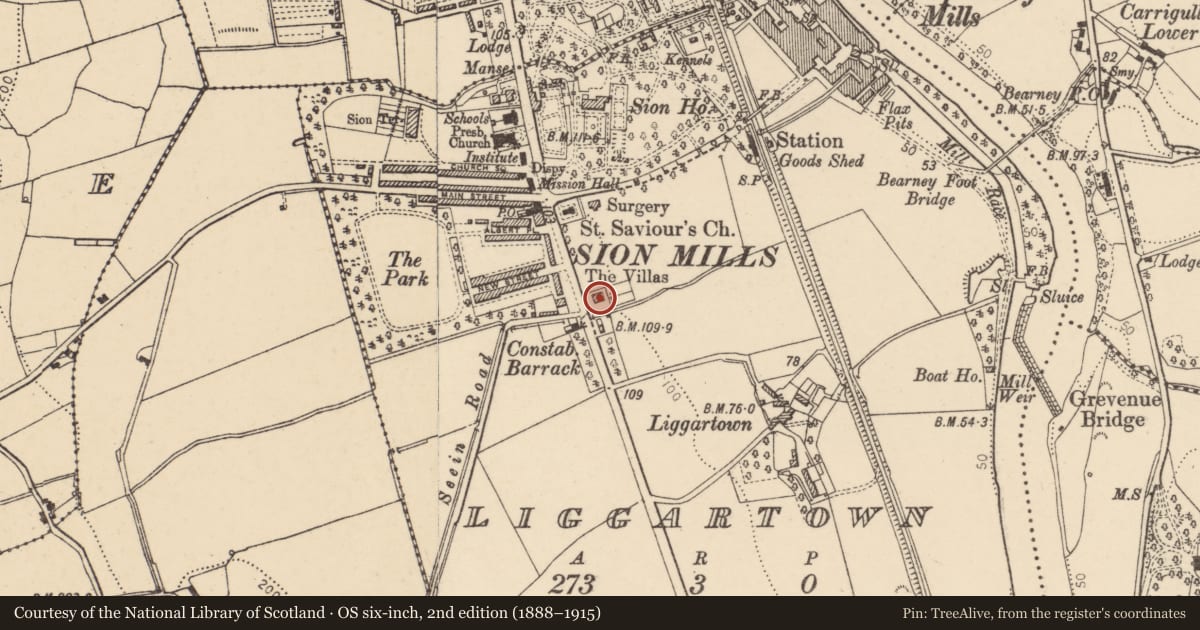 Ordnance Survey six-inch map, 2nd edition (1888–1915) covering the location of 124 Melmount Road, Liggartown, Derry City and Strabane, with a pin at the register's coordinates