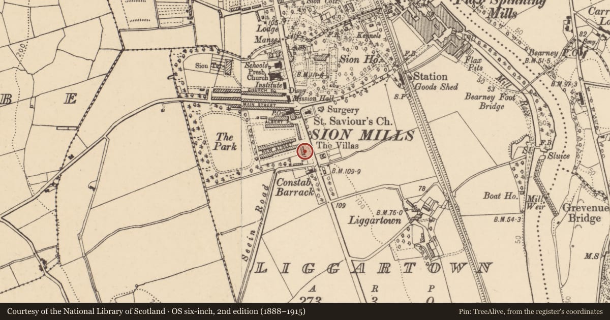 Ordnance Survey six-inch map, 2nd edition (1888–1915) covering the location of 3 Alexandra Place, Liggartown, Derry City and Strabane, with a pin at the register's coordinates