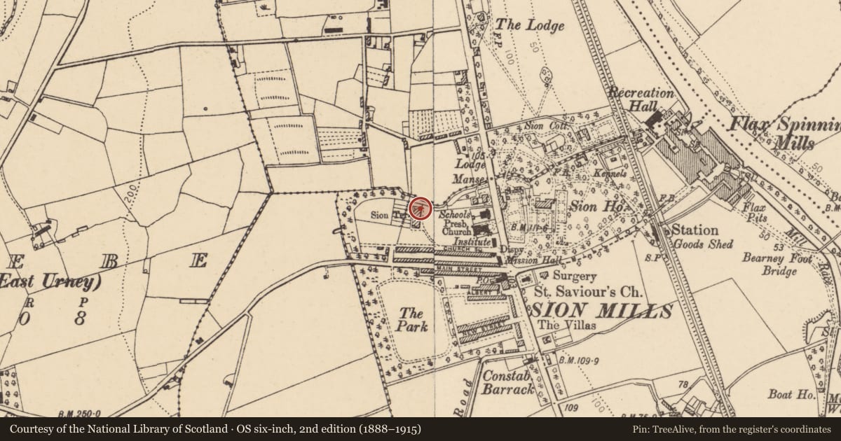 Ordnance Survey six-inch map, 2nd edition (1888–1915) covering the location of 1 Sion Terrace, Sion Mills, Derry City and Strabane, with a pin at the register's coordinates