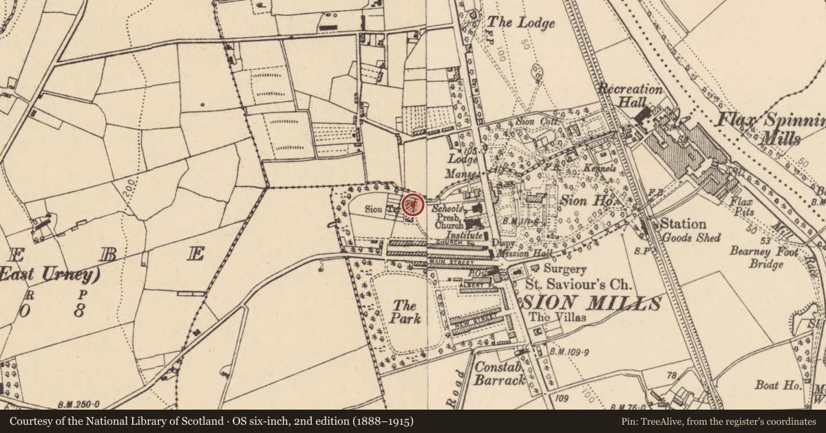 Ordnance Survey six-inch map, 2nd edition (1888–1915) covering the location of 2 Sion Terrace, Sion Mills, Derry City and Strabane, with a pin at the register's coordinates