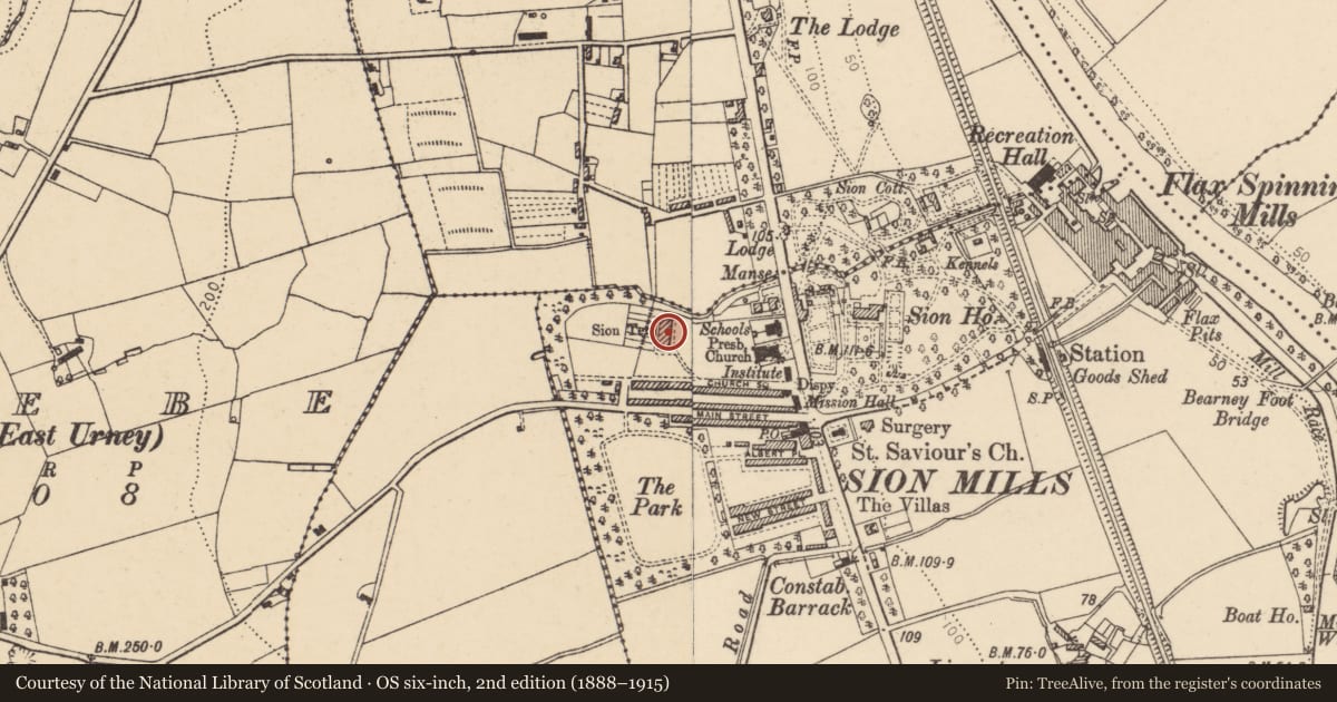 Ordnance Survey six-inch map, 2nd edition (1888–1915) covering the location of 4 Sion Terrace, Sion Mills, Derry City and Strabane, with a pin at the register's coordinates
