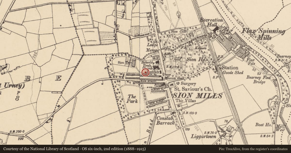 Ordnance Survey six-inch map, 2nd edition (1888–1915) covering the location of Church Square, Sion Mills, Strabane, Co Tyrone BT82 9HD, Derry City and Strabane, with a pin at the register's coordinates
