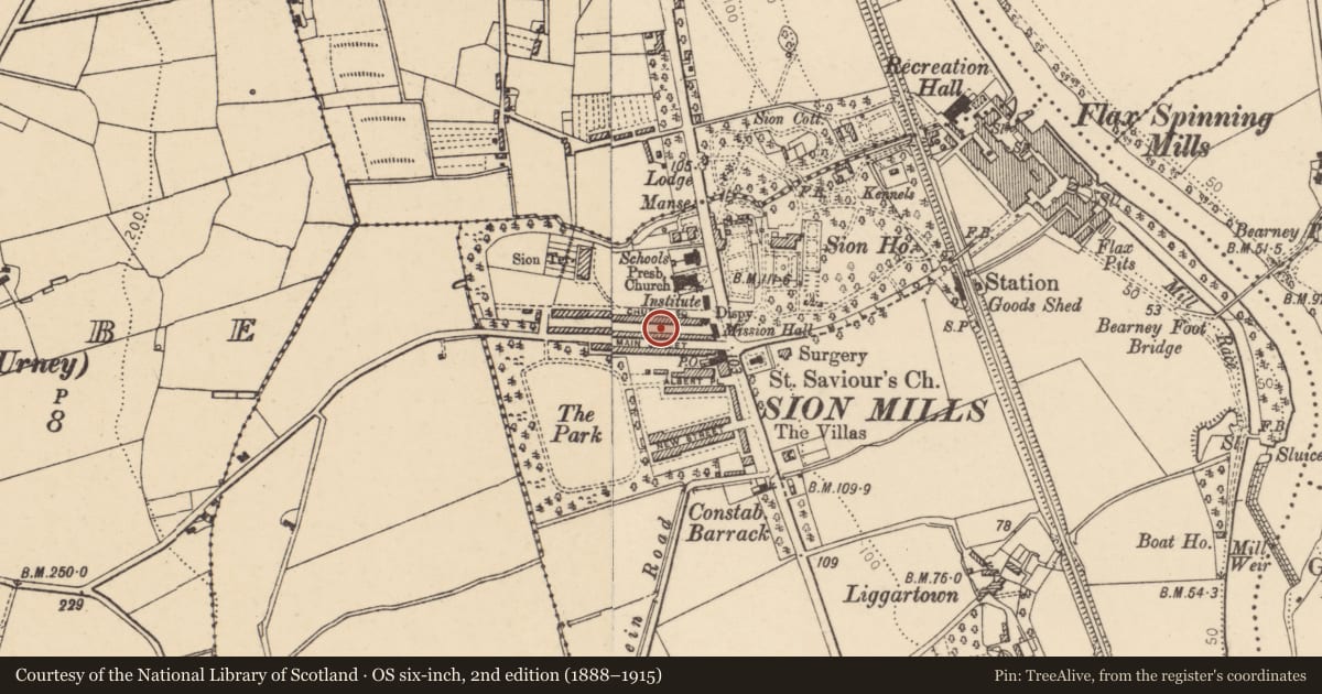 Ordnance Survey six-inch map, 2nd edition (1888–1915) covering the location of Main Street, Sion Mills, Strabane, Co Tyrone BT82 9HG, Derry City and Strabane, with a pin at the register's coordinates