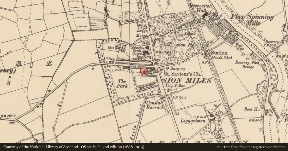 Ordnance Survey six-inch map, 2nd edition (1888–1915) covering the location of Albert Place, Sion Mills, Strabane, Co Tyrone BT82 9HN, Derry City and Strabane, with a pin at the register's coordinates