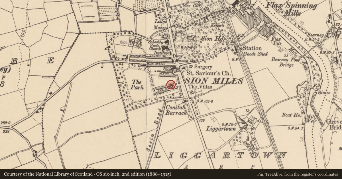 Ordnance Survey six-inch map, 2nd edition (1888–1915) covering the location of New Street, Sion Mills, Strabane, Co Tyrone BT82 9HS, Derry City and Strabane, with a pin at the register's coordinates