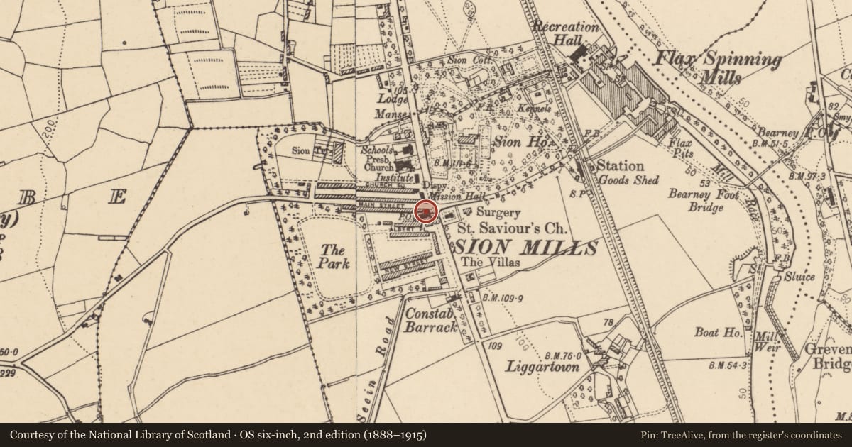 Ordnance Survey six-inch map, 2nd edition (1888–1915) covering the location of Victoria Place, Sion Mills, Strabane BT82 9HL, Derry City and Strabane, with a pin at the register's coordinates