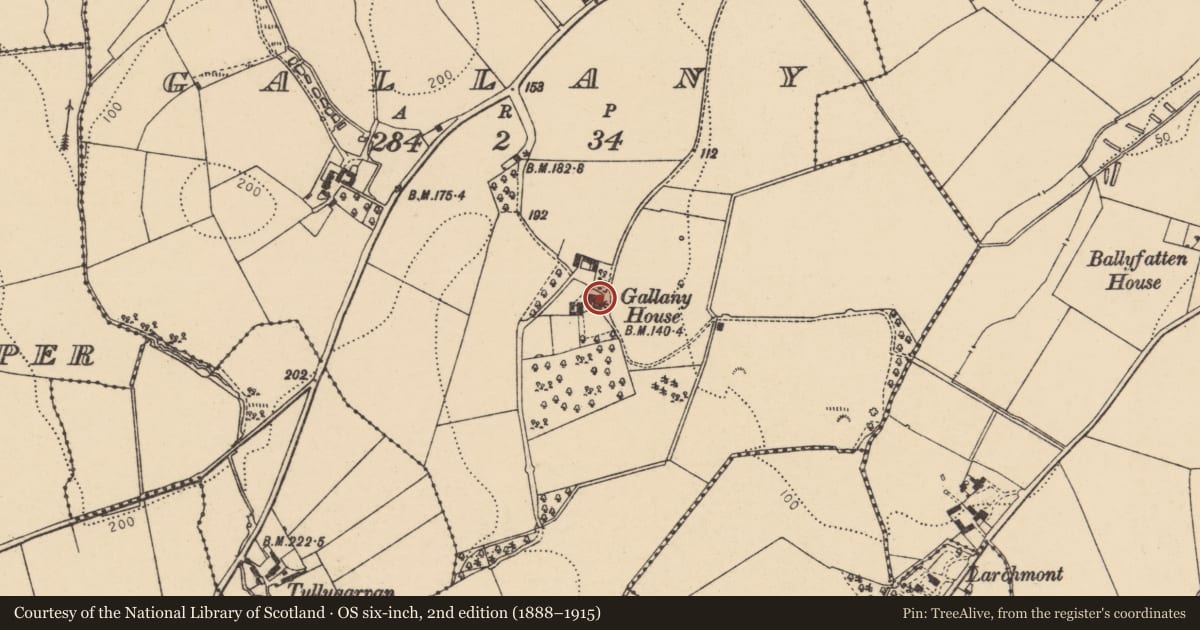 Ordnance Survey six-inch map, 2nd edition (1888–1915) covering the location of Gallany House, Derry City and Strabane, with a pin at the register's coordinates