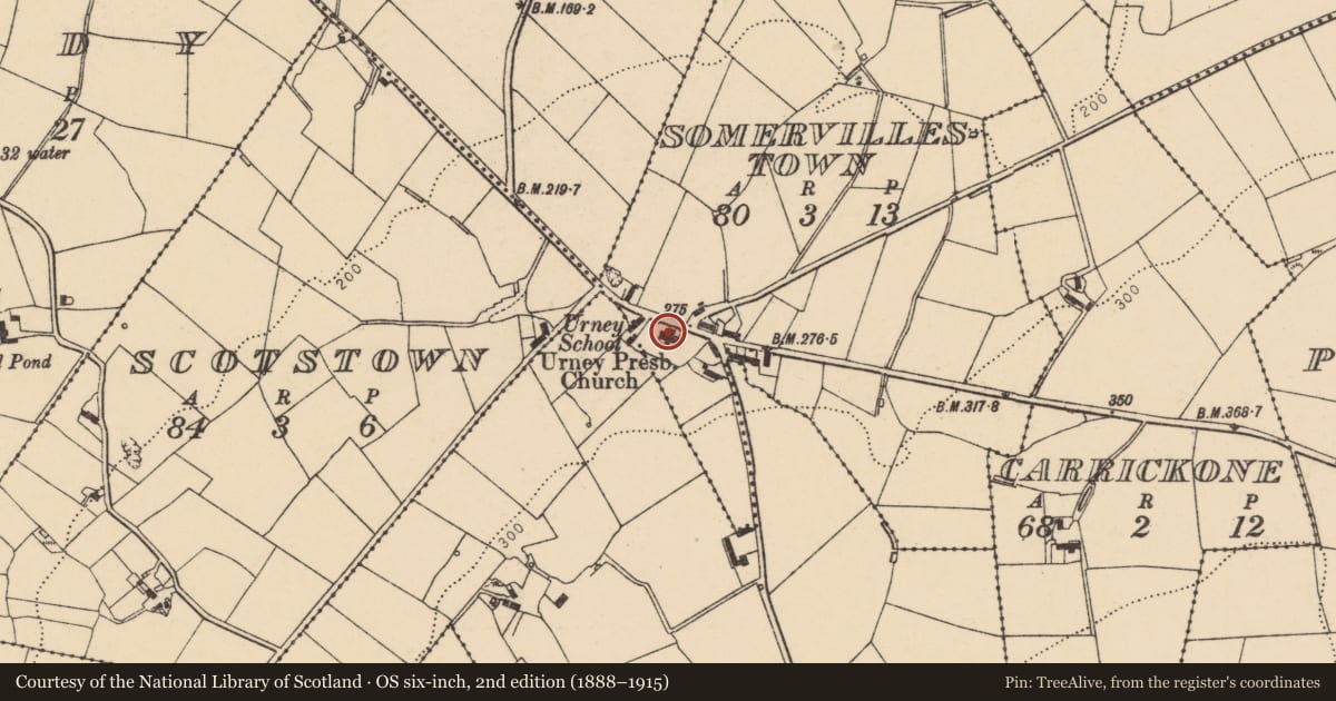 Ordnance Survey six-inch map, 2nd edition (1888–1915) covering the location of Urney Presbyterian Church, Somervillestown, Derry City and Strabane, with a pin at the register's coordinates