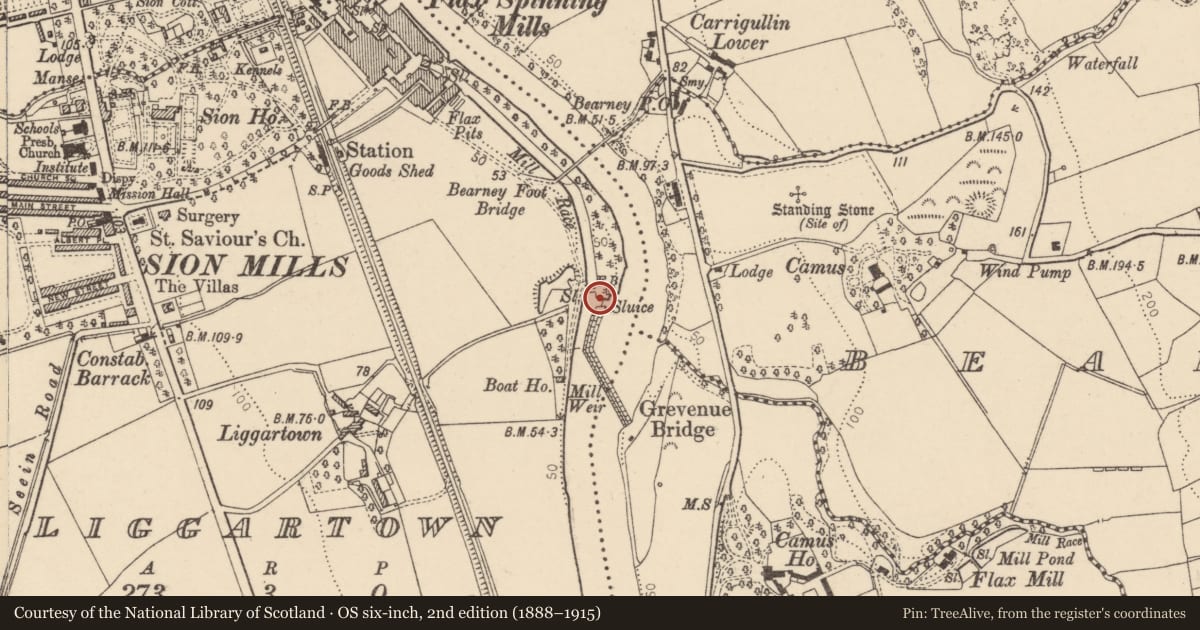 Ordnance Survey six-inch map, 2nd edition (1888–1915) covering the location of Mourneside Walk, Liskey Road, Liggartown, Sion Mills, Derry City and Strabane, with a pin at the register's coordinates