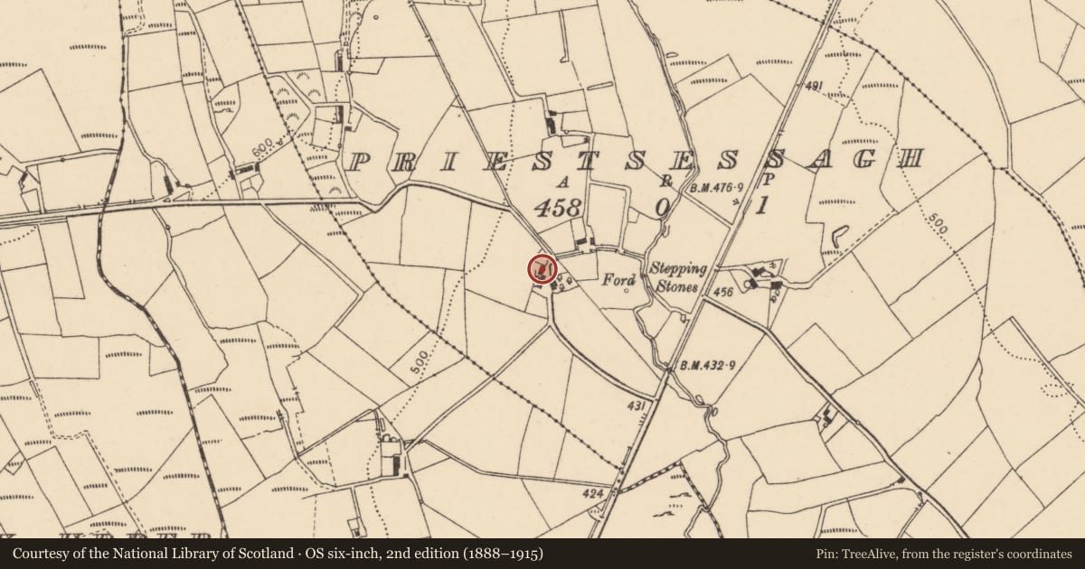 Ordnance Survey six-inch map, 2nd edition (1888–1915) covering the location of 47 Priestsessagh Road, Strabane BT81 7JY, Derry City and Strabane, with a pin at the register's coordinates