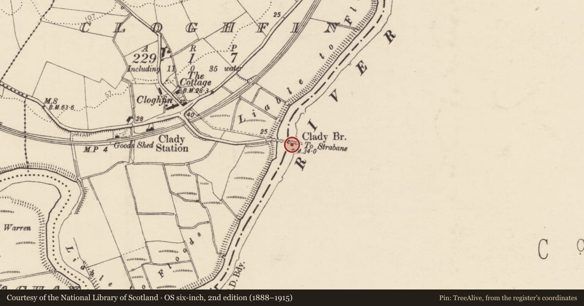 Ordnance Survey six-inch map, 2nd edition (1888–1915) covering the location of Clady Bridge, Donnygowen, Derry City and Strabane, with a pin at the register's coordinates