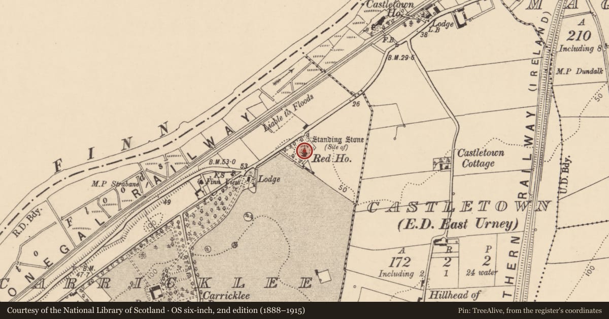 Ordnance Survey six-inch map, 2nd edition (1888–1915) covering the location of Red House, Carricklee, Derry City and Strabane, with a pin at the register's coordinates