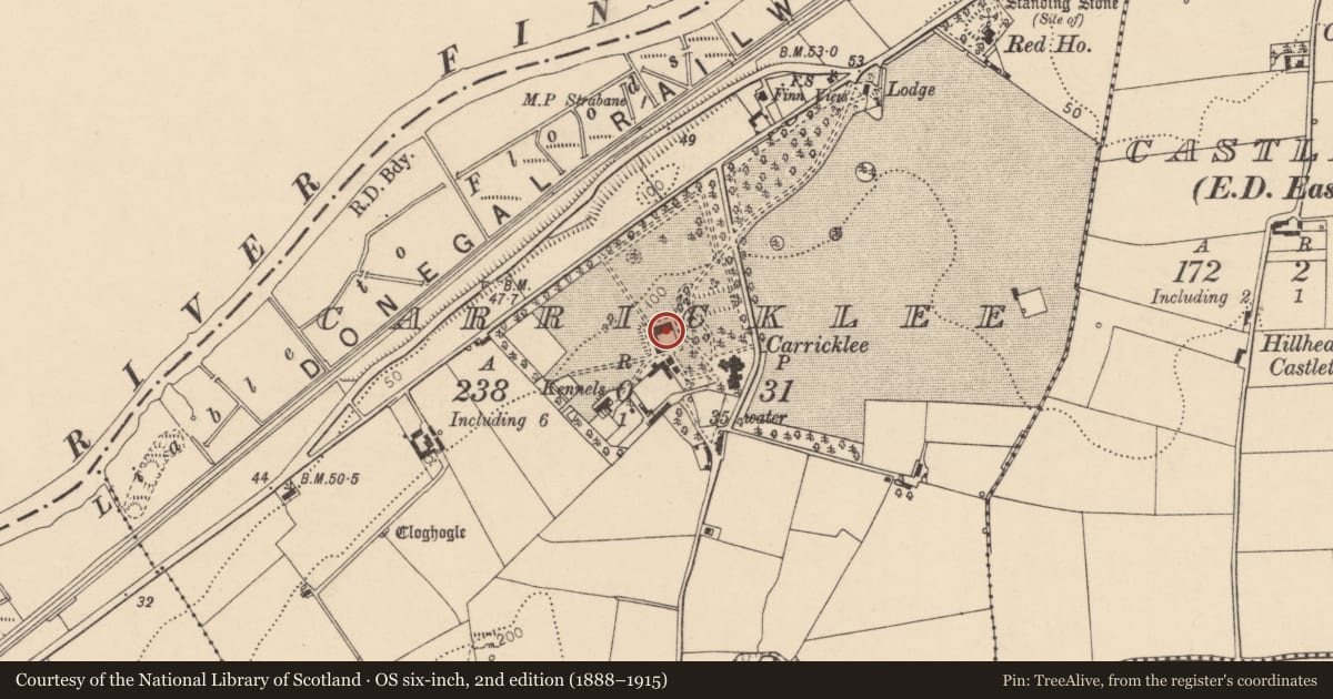 Ordnance Survey six-inch map, 2nd edition (1888–1915) covering the location of Carricklee Stableyard, Derry City and Strabane, with a pin at the register's coordinates