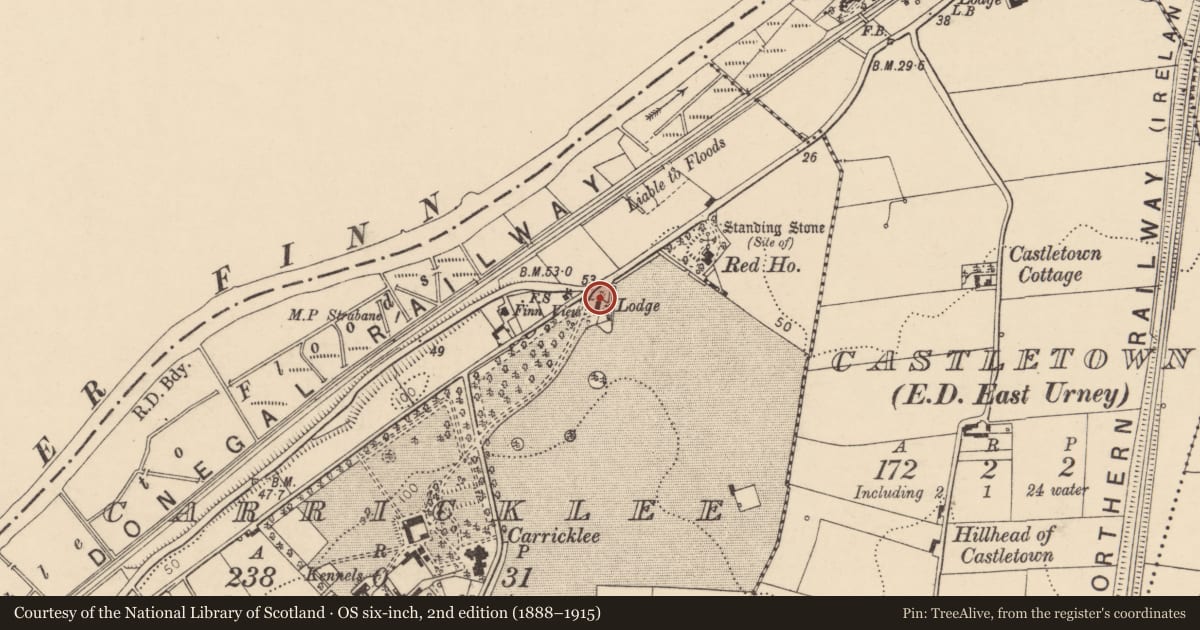 Ordnance Survey six-inch map, 2nd edition (1888–1915) covering the location of Gate lodge, Carricklee, Derry City and Strabane, with a pin at the register's coordinates