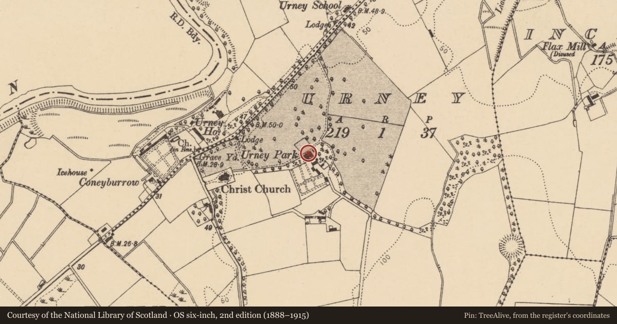 Ordnance Survey six-inch map, 2nd edition (1888–1915) covering the location of Urney Park, Derry City and Strabane, with a pin at the register's coordinates