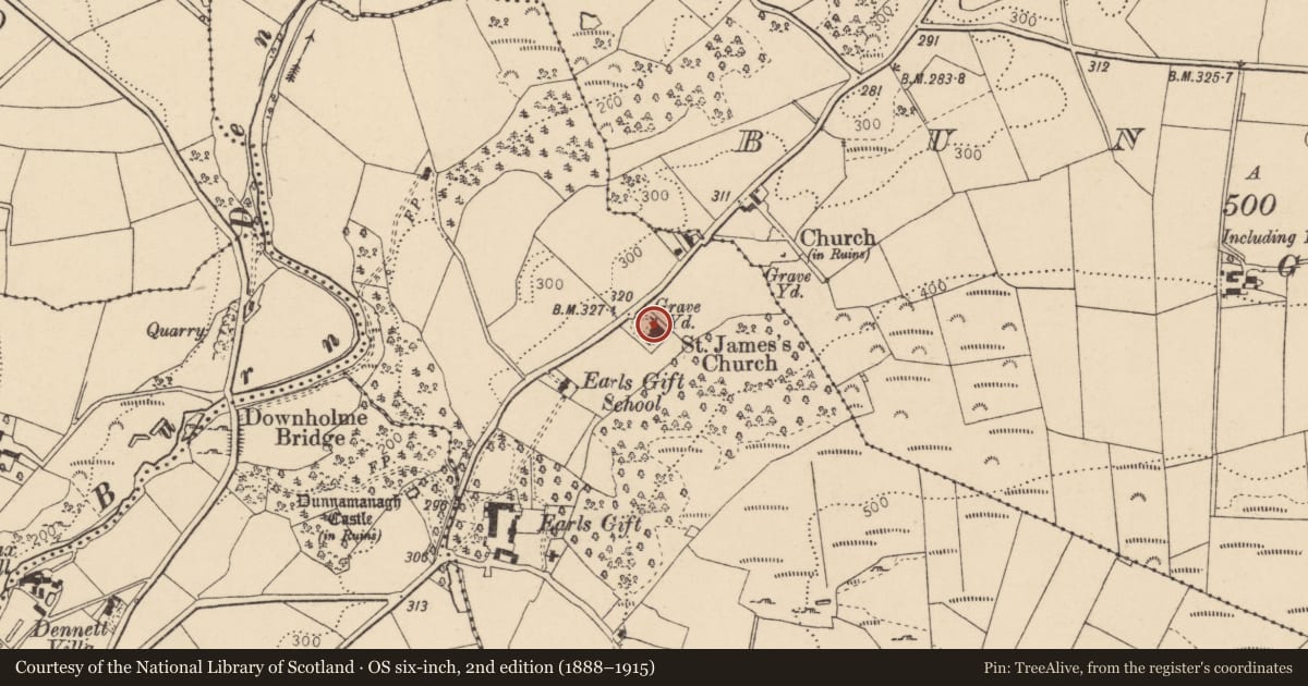 Ordnance Survey six-inch map, 2nd edition (1888–1915) covering the location of St James Parish Church (C of I), Creaghan, Derry City and Strabane, with a pin at the register's coordinates