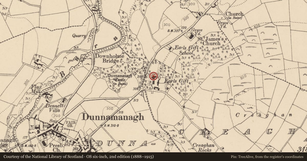 Ordnance Survey six-inch map, 2nd edition (1888–1915) covering the location of St James' Old Rectory (AKA Earls Gift), Creaghan, Derry City and Strabane, with a pin at the register's coordinates