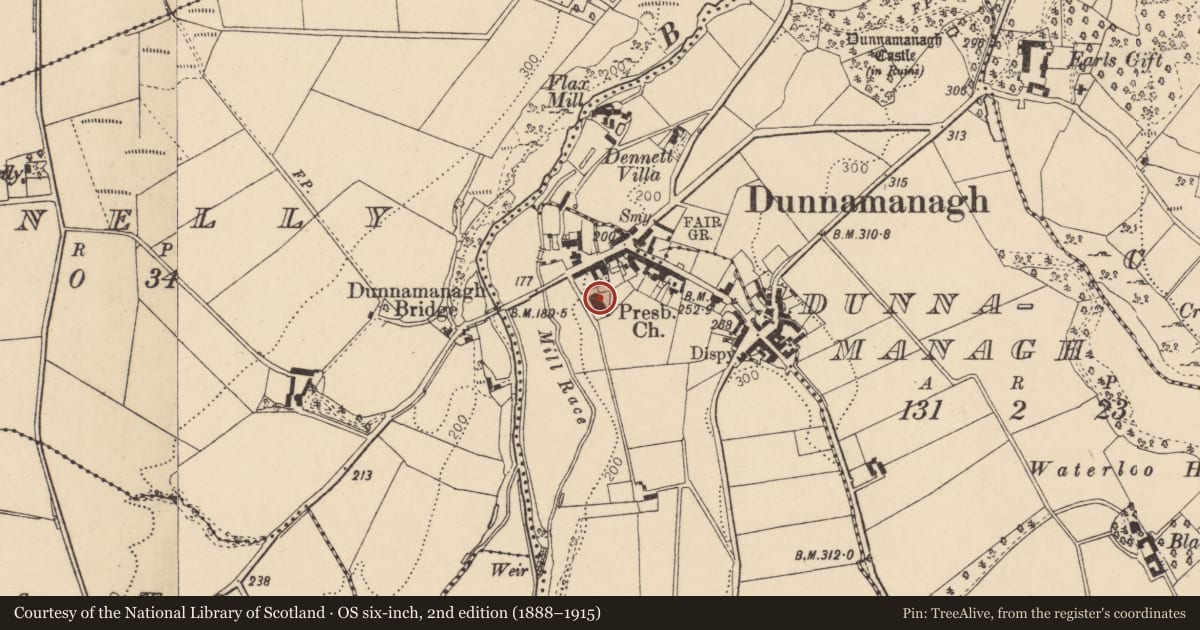 Ordnance Survey six-inch map, 2nd edition (1888–1915) covering the location of Donemana Presbyterian Church, Stonyfalls, Derry City and Strabane, with a pin at the register's coordinates