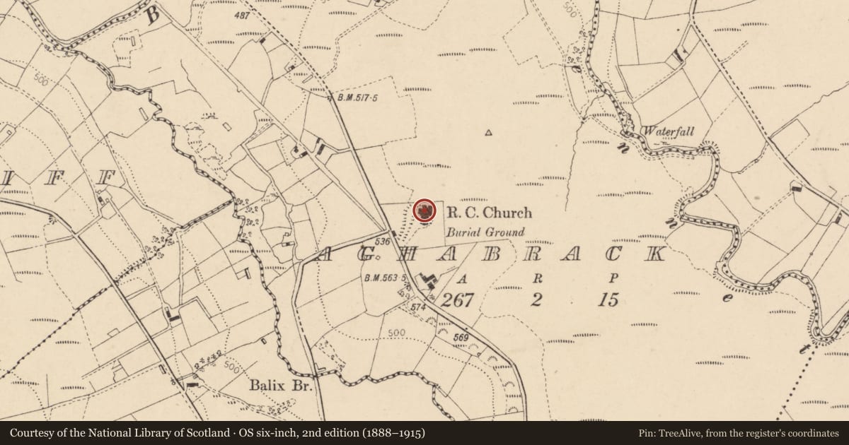 Ordnance Survey six-inch map, 2nd edition (1888–1915) covering the location of St Marys RC Church, Aghabrack, Derry City and Strabane, with a pin at the register's coordinates