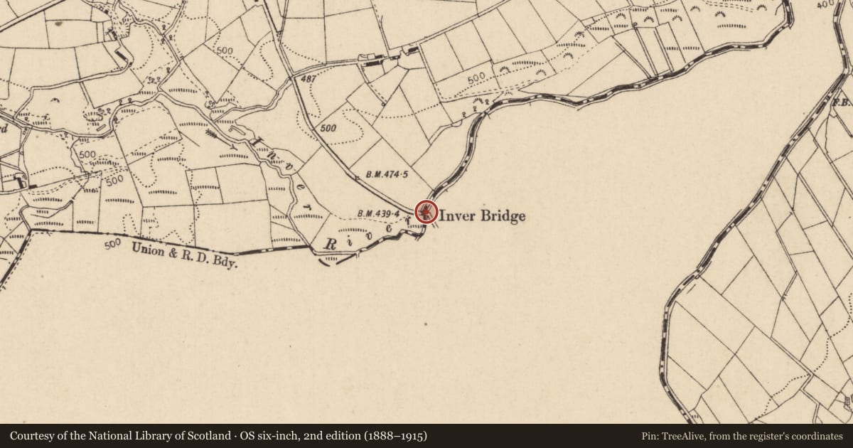 Ordnance Survey six-inch map, 2nd edition (1888–1915) covering the location of Inver Bridge over Inver River, Carnanreagh Road, Stranagalwilly, Strabane BT47 4JL, Derry City and Strabane, with a pin at the register's coordinates
