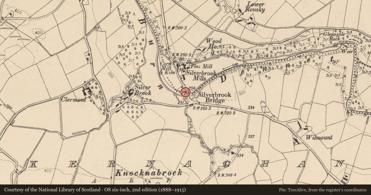 Ordnance Survey six-inch map, 2nd edition (1888–1915) covering the location of Silverbrook Bridge, Rousky/Tirkernaghan, Co Tyrone, Derry City and Strabane, with a pin at the register's coordinates