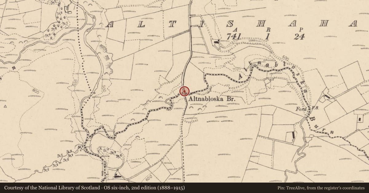 Ordnance Survey six-inch map, 2nd edition (1888–1915) covering the location of Altnabloska Bridge, Derry City and Strabane, with a pin at the register's coordinates