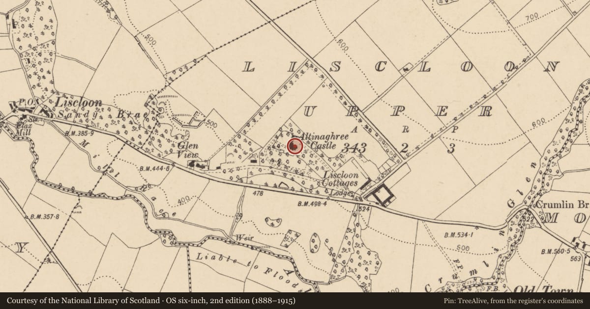 Ordnance Survey six-inch map, 2nd edition (1888–1915) covering the location of altinaghree Castle, Longloand Road, Donemana, Strabane BT82 0PN, Derry City and Strabane, with a pin at the register's coordinates