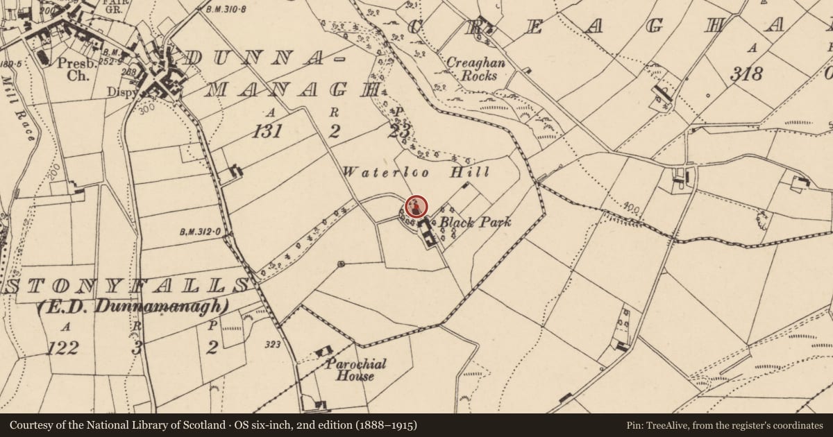 Ordnance Survey six-inch map, 2nd edition (1888–1915) covering the location of Black Park, 72 Lisnaragh Road, BT82 0QN, Derry City and Strabane, with a pin at the register's coordinates