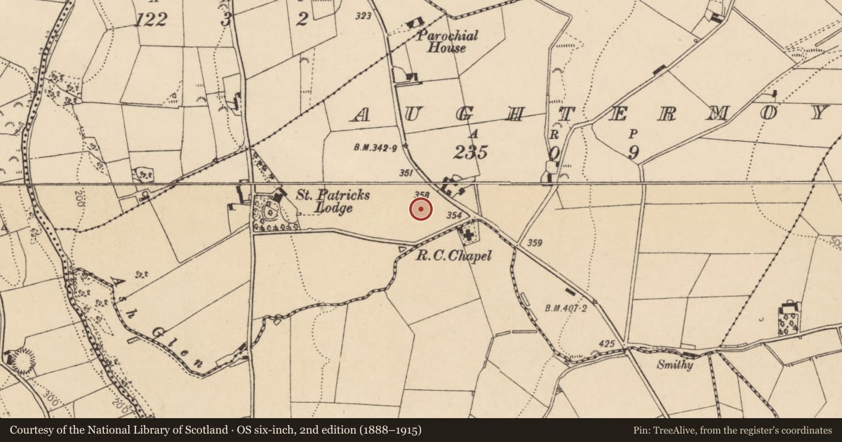 Ordnance Survey six-inch map, 2nd edition (1888–1915) covering the location of St Patrick's RC Church, Lisnaragh Road, Dunamanagh Road, Strabane, Co Tyrone, Derry City and Strabane, with a pin at the register's coordinates