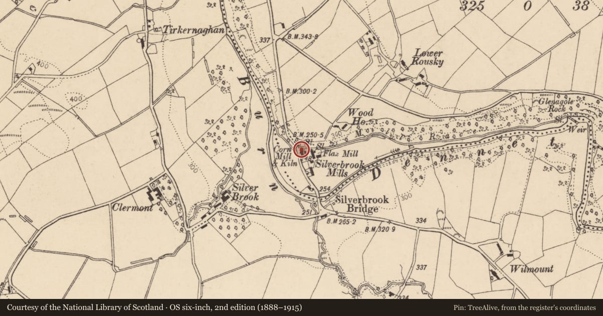 Ordnance Survey six-inch map, 2nd edition (1888–1915) covering the location of Silverbrook Mills, Rousky, Derry City and Strabane, with a pin at the register's coordinates