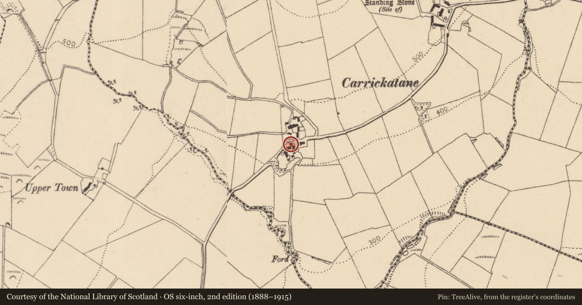 Ordnance Survey six-inch map, 2nd edition (1888–1915) covering the location of 21 Carrickatane Road, Derry City and Strabane, with a pin at the register's coordinates