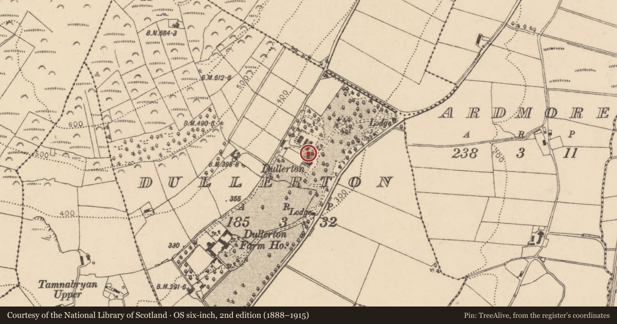 Ordnance Survey six-inch map, 2nd edition (1888–1915) covering the location of Dullerton Manor House, Derry City and Strabane, with a pin at the register's coordinates