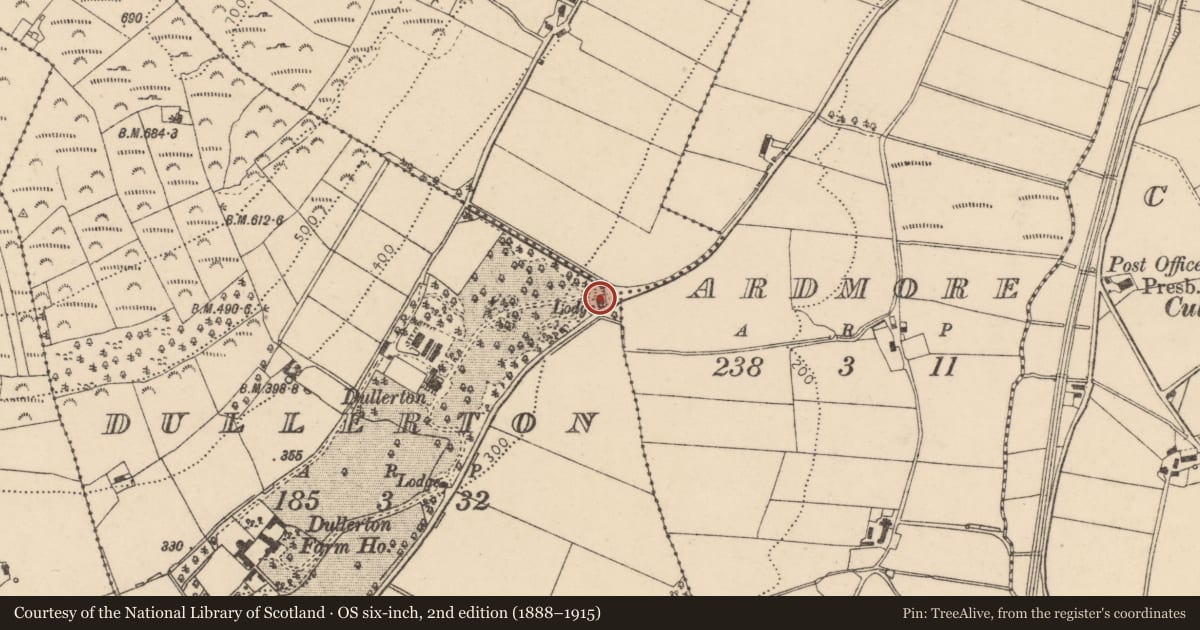 Ordnance Survey six-inch map, 2nd edition (1888–1915) covering the location of Gatelodge at Dullerton Manor House, Derry City and Strabane, with a pin at the register's coordinates