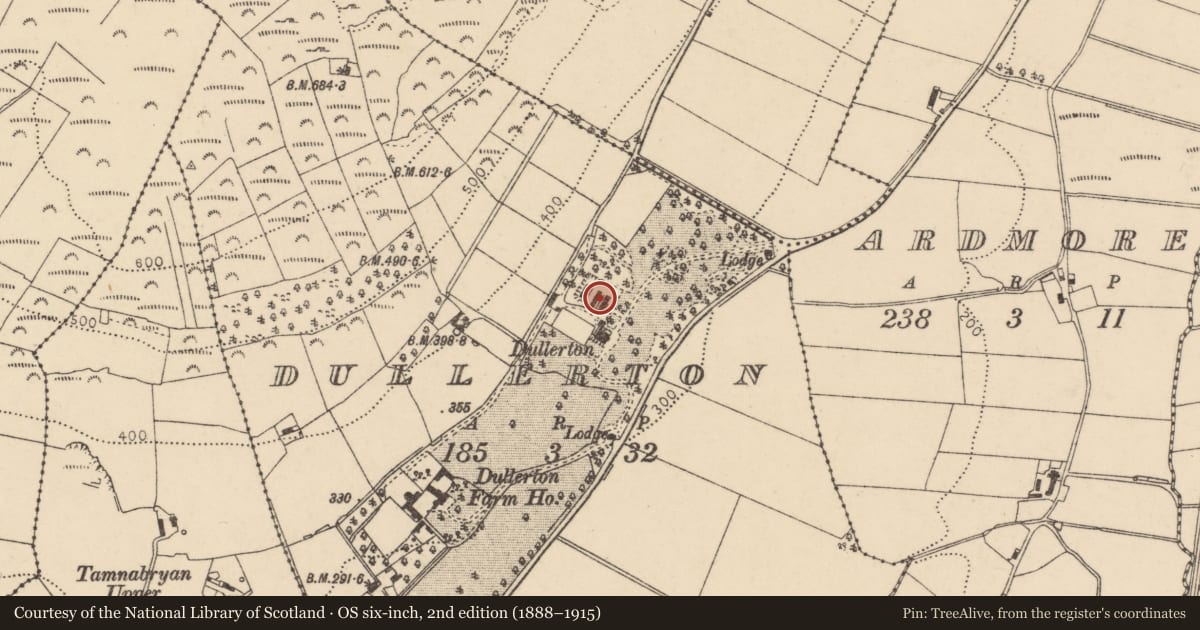 Ordnance Survey six-inch map, 2nd edition (1888–1915) covering the location of Outbuildings at Dullerton Manor House, Derry City and Strabane, with a pin at the register's coordinates