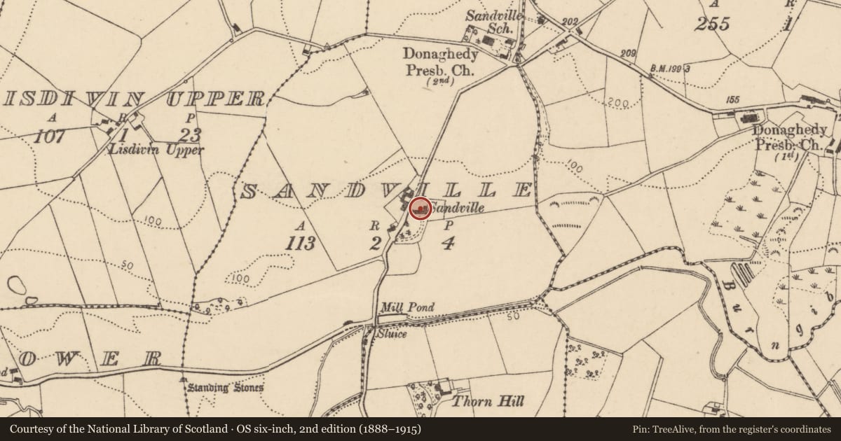 Ordnance Survey six-inch map, 2nd edition (1888–1915) covering the location of Sandville, Derry City and Strabane, with a pin at the register's coordinates