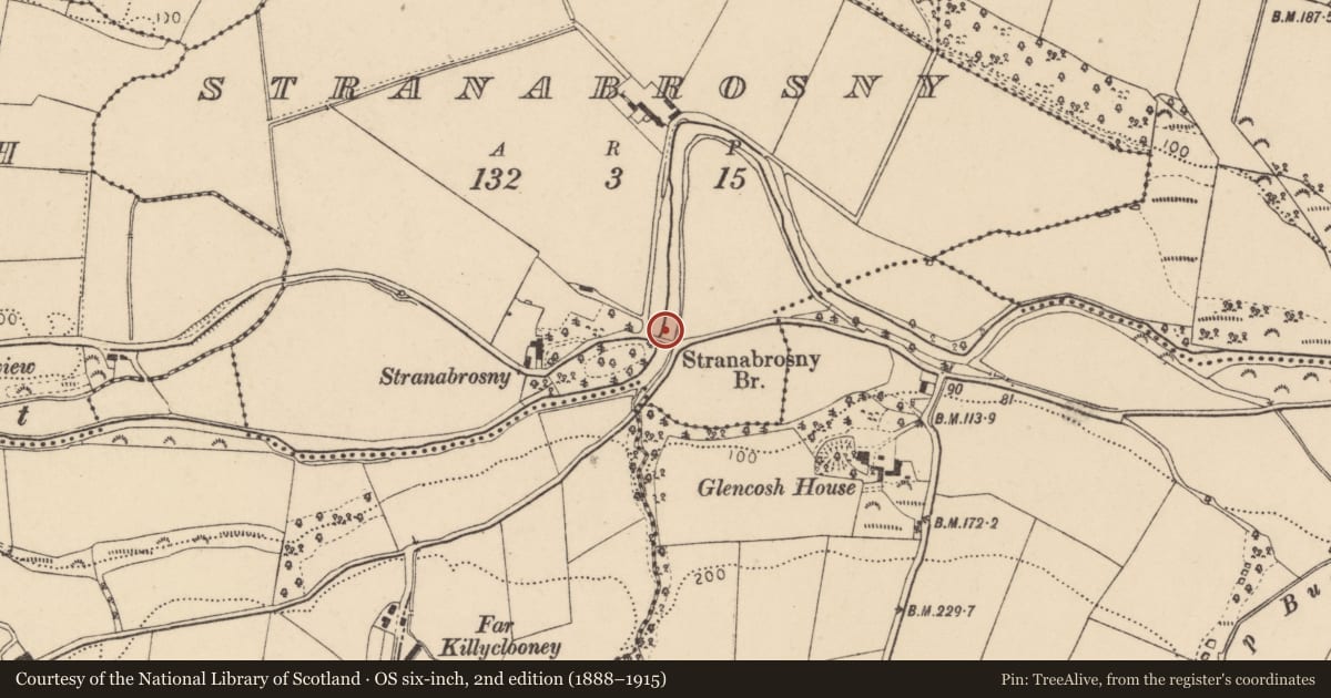 Ordnance Survey six-inch map, 2nd edition (1888–1915) covering the location of Glencush Bridge, Stranabrosny, Derry City and Strabane, with a pin at the register's coordinates