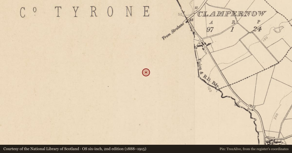 Ordnance Survey six-inch map, 2nd edition (1888–1915) covering the location of Magheramason Presbyterian Church, Derry City and Strabane, with a pin at the register's coordinates